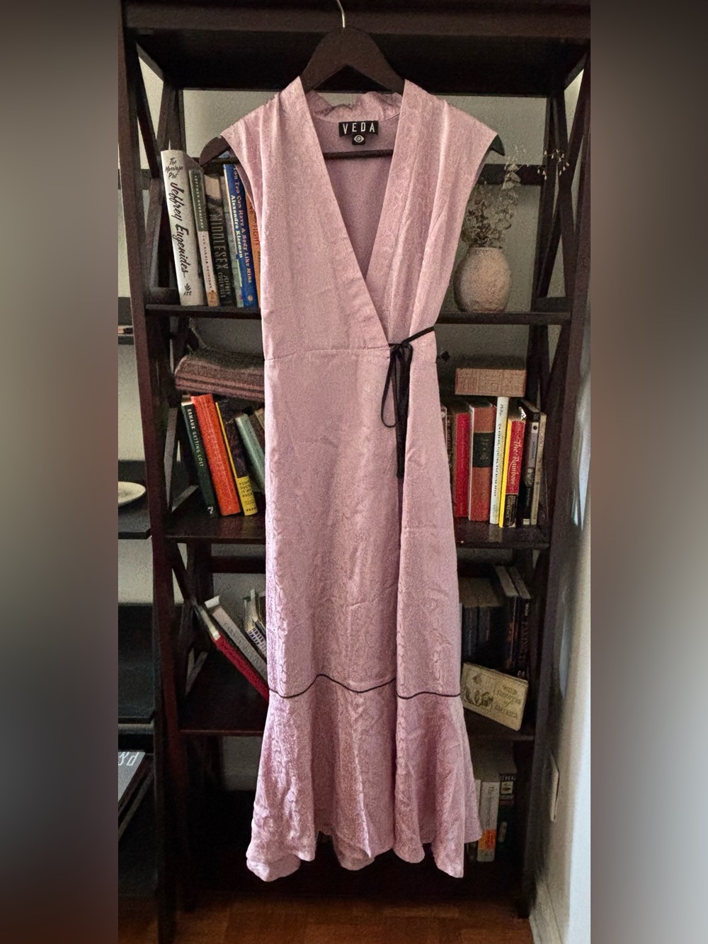 Veda Pink Silk Wrap Maxi Dress with Black Tassel Tie